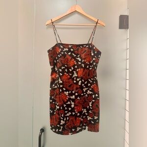 EUC ZARA 90s INSPIRED BLACK & RED DRAGON EMBROIDERED POLYESTER SATIN MINI DRESS